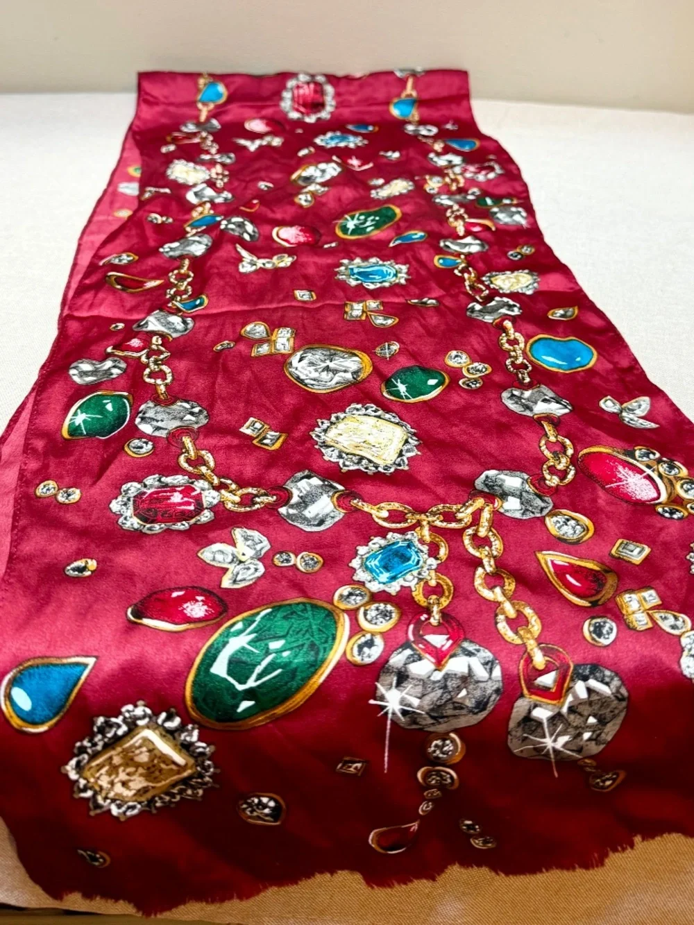 Vintage Oscar de la Renta Pure Silk Scarf Gems and Jewels